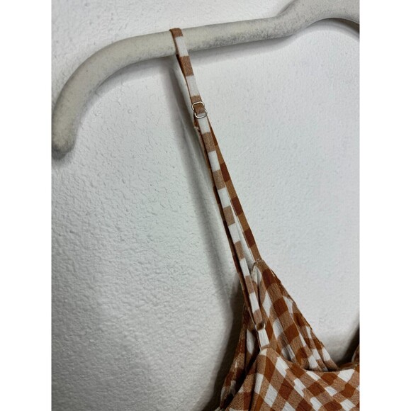 SAYLOR XS Laken Gingham Jumpsuit In Apricot Peplum Top V-Neck Ruffle Knot Front - Picture 12 of 16